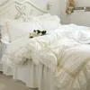 Luxury Embroidery Bedding Set Beige Lace Ruffle Duvet Cover Wedding Decorative Textile Bed Sheet Coverlets Elegant Quilt Cover 210319