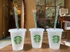 Starbucks 16oz/473ml Plastic Tumbler Reusable Clear Drinking Flat Bottom Cups Pillar Shape Lid Straw Mugs