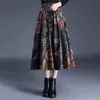 ファッションハイウエストウールプリントプリーツスカート女性プラスサイズヴィンテージ厚いミディスカート女性ファルダスビッグスイングウールロングスカート210619