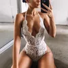 Black Backless Halter Lace Bodysuit Transparente Corpo Feminino Sexy Eeddies 2021 Jumpsuits Mulheres Deep V Sheer Bodysuits Macacões das Mulheres