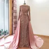 And Elegant Sequined Satin Dresses Evening Wear Jewel Neck Long Sleeves Prom Gowns Sweep Train Mermaid Overskirt Formal Dress 0420