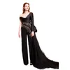 Elegant Black And Gold Women Jumpsuits Evening Dresses With Detachable Train 2022 Sweetheart Lace Appliques Prom Pageant Dress with Pant Jumpsuit Formal Party Wear