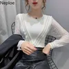 Neploe Ropa Coreana Suéter de Punto Chic Manga Larga Encaje Patchwork Jerseys Tops Ropa Mujer O Cuello Slim Jumper 4i417 210422