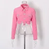 Vestes pour femmes tendance revers poche décorer paillettes rose court bord frangé denim manteau étudiant printemps automne lâche mode couleur unie vêtements d'extérieur à boutonnage simple