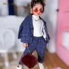 Moda Baby Girl Chłopiec Formalne Ubrania Zestaw Plaid Kurtka + Spodnie 2 SZTUK Toddler Toddler Dostosowy Kurtka Blazer Gruba 1-8y 211224