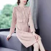 ファッション秋と冬のピンクのドレスのローブのための長袖ツイードウールパーティードレスvestidos 210520