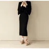 Högkvalitativ Luxury Runway Women Winter Warm Flare Sleeve Loose Sticking Sweater + Slim Split Two-Pite Long Kjol Suit 210520