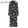 Yitimuceng Abiti vintage Donna Summer Floral Pint Sexy Hook Flower Hollow A-Line Stand Solid Fashion Dress coreano 210601