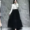 Vintage Wine Red Tulle Pleated Skirts Women High Waist Long Ruffled Mesh Skirt Spring Harajuku Black Elastic Puffy Tulle Skirts 210619