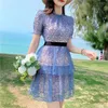 est runway desigers zomer vakantie jurk vrouwen mesh ruches lovertjes korte mouw bloem slanke taille mini jurken 210529