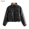 Winter Women Elegant Faux Leather Parkas Jacket Vintage Stand Collar Button Zipper Casual Thick Solid Padded Coat 210430