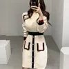 Kore Chic Zarif Bodycon Vintage Noel Elbise Bayanlar Parti ES Kadınlar için Kadın Uzun Kollu Örme Kazak Robe 210514