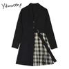 Yitimuceng Faux 2 Pièce Blazer et Jupe Robes pour Femmes Plissé Vintage Volants Plaid Mini Entaillé Printemps Splice Patchwork 210601