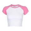 甘いパッチワークかわいいクロップトップの半袖女性Tシャツカジュアルスリム基本的なストリートウェアトップティーY2K審美的カワイイ服Y0629