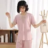 Women Pajamas Set Sexy Lace Trim Sleepwear Pijamas Suit New Summer Short Sleeve Calf-Length Pants Suit Loose Faux Silk Home Wear X0526