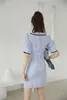 Rękaw Puff Ruffle Bodycon Sukienka Blue Button Tight Mini Kobiety Lato V Neck Tunika Koreański Skromny 210427