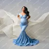 Vestidos Casuais Charmoso Azul Sereia Gravidez Para Po Shoot Cap Mangas Rendas Vestidos de Noiva Maternidade Feitos sob Medida