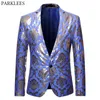 Royal Blue Tuxedo Blazer Veste Hommes Élégant Gold Print Mens Robe Blazers Un Bouton Slim Fit Party Dîner Blazer Masculino 210522