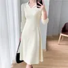 Casual Dresses Autumn Winter Thick V Neck Sweater Dress Elegant Women 2021 Long Female A-line Slim Sexy Knitted