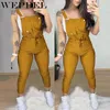 Mulheres Elegante Skinny Lace Up Sling Jumpsuit com bolso senhoras Slim Fit Bib Calças Feminino Macacão Macacões das Mulheres Macacões Macacões