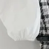 Femmes Mode Avec Ceinture Spliced Tweed Combishorts Vintage Filles Bouffée À Manches Courtes Retour Zipper Combinaisons 210430