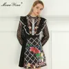 Moda Designer Sukienka Lato Damska Dress Ruffles Lace Długi Rękaw W Rocznika Kwiatowy Drukuj Czarne Dresses 210524