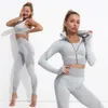 2 peças Define roupas fitness fitness longa manga tops sem costura de cintura alta leggings despojado zíper tracksuit mulheres 210727