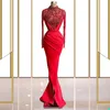 Vestidos de luxo vermelho Vestidos de manga comprida Lace Appliqued Frisado Sereia Prom Vestido de Prom Vergre Trem Custom Formal Party Party