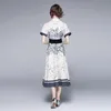 Zomer mode casual vrouwen keren kraag korte mouw vintage print geplooide jurk riem vestidos 210531