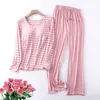 Womens Sleepwear Bra Pad Pajamas Set Stripe For Women Long Sleeve Autumn Winter Pijamas Casual Loose Ladies Set Pyjama Suit Home 210928