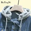 Women Jeans Jacket Casual Fashion Autumn Winter Vintage Hooded Coats Female Korean Pocket Streetwear Denim 210506