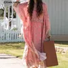 BOHO V neck Pink Floral Print Long Kimono Shirt Lacing up Tie Bow Sashes sleeve Cardigan Holiday Blouse Loose Tops 210429