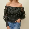 Sexy Off Épaule Femmes Tops et chemisiers Mesh Sheer Puff Sleeve Tops Été 3D Fleur Vintage Blanc Femmes Chemise Blouse 210323