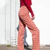 Frauen Casual Hosen Retro Long Gerade Streetwear Hohe Taille Chic Tartan Rote Hose Tasche 210427