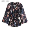 Bohemian Women Floral Print Kimono Shirt Holiday Beach Tied Bow Sashes Mid Long Cardigan Blouse BOHO Tops 210429