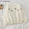 Kimutomo Girls Kawaii Sweater Spring Höst Japansk stil Kvinna O-Neck Körsbär Solid Lo9ng Ärm Stickade Pullovers Sweet 210521