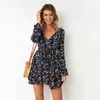 Women Autumn Long Sleeve Sexy Mini Dresses Flower Ladies Casual V-Neck Short Summer Dress