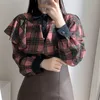 All Match Plaid Gentle Chic Office Lady Sweet Girls Geometric Ruffles Toppar Elegans Blusar Högkvalitativa Skjortor 210525