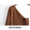 KpyTomoa Kobiety Moda Hollow Out Cropped Dzianiny Sweter Vintage Asymmetryczna szyja Z Długim Rękawem Kobiet Pulowers Chic Topy 210805