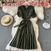 Elegant Women Maxi Solid A Line Dress Office Lady Short Sleeves Summer Dresses All Match Fashion Slim Vestidos 210601