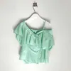 Sexy chique Koreaanse zomer off shoulder skew kraag blouse vrouwen gegolfd onregelmatige bijgesneden shirt tops blusas mujer verse zoete 210610