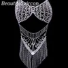 Sexy shining Rhinestone chain lady full sling crystal bra fashion tassel body suit dress belly dance jewelry