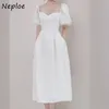 Неел французский темперамент белый длинное платье женщин высокая талия талия бедро линия Vestidos квадратный воротник слойки с коротким рукавом тонкий халат лето 210423