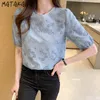 Matakawa Mid-Sleeve Klipp ut Blus Kvinnors sommar sommar Blusas Mode Shirt Short-Sleeved Chiffon O-Neck Shirts 210513