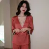 Casual 2pcs Topspants Lace Patchwork Sexiga Kvinnor Pyjamas Suit DEEP V-Neck Loose Sleepwear Intimate Underkläder Lady Hemkläder Q0706