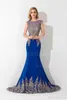 2022 Black Long Prom Dresses Illusion Neck Mermaid Blue Prom Gown Gold Applique Sleeveless Red Floor Length Evening Dresses US Sto2268233
