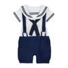 Urodzony Baby Boys Girl Sailor Granatowy Styl Romper Toddler Halloween 100% Bawełna Suspender Kombinezon Niemowlak Kryzyska Z Kapelusz Playsuit 210816