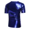 ロイヤルブルーメタリックナイトクラブウェアTシャツ男性ファッションスリムフィットVネックメンズTシャツDJステージパーティープロムカミセタマスコリン210522