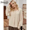 V-hals Button up bisschop mouw linnen vrouwen shirts Herfst Basic Solid Casual OL Top Bloses Lange Losse 210510