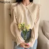 Neploe Blusas Mujer Primavera Sweet Lace Hollow Out Curtir Blusas Colares Mulheres Patchwork Solto Camisas Elegant Selvagem Chiffon Tops 210422